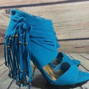 Red Circle Blue Suede Heels Size 10